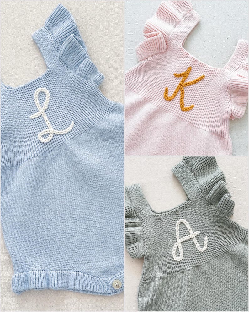 initial monogrammed hand embroidered knit sweater romper for babies toddlers with ruffle trim and optional flower embroidery