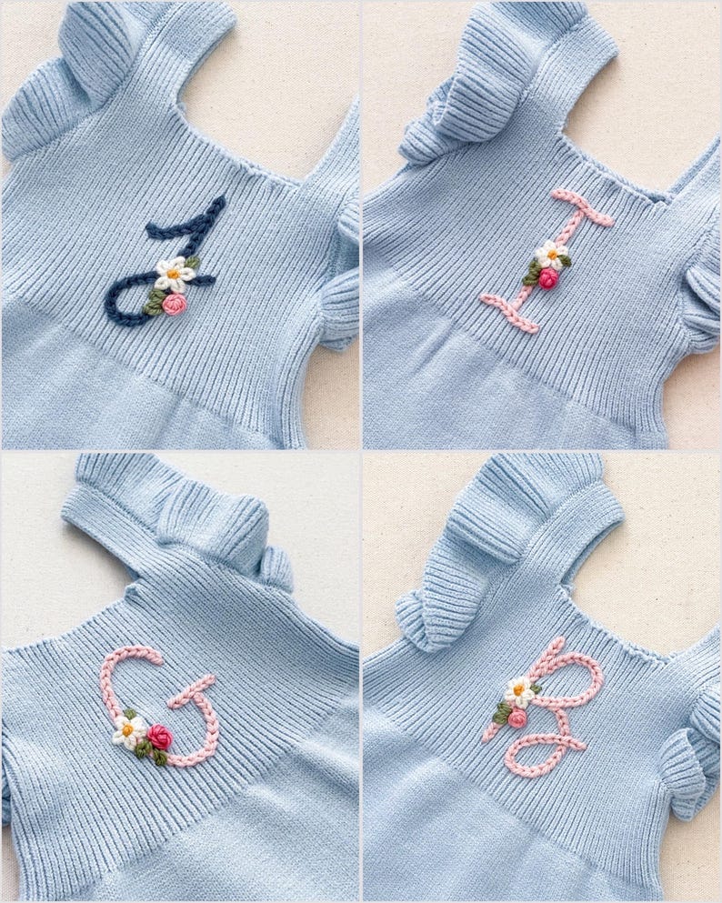initial monogrammed hand embroidered knit sweater romper for babies toddlers with ruffle trim and optional flower embroidery